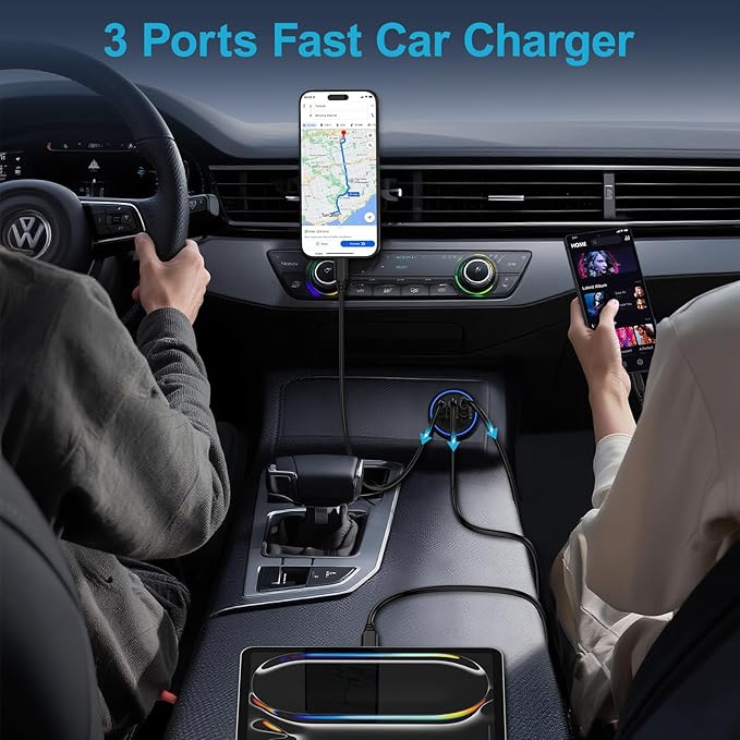 Multi 3 Ports Fast Car Charger Adapter 12V Auto Vehicle Plug - USB C & USB A Quick Charging - Cigarette Lighter Cell Phone Automobile Charger for iPhone 17 Pro Max Air 17e 16e 16 15, Samsung S26