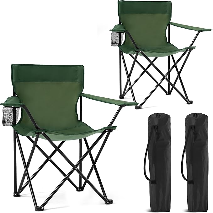 2 Pack Portable Camping Chairs Folding Lawn Chair Outdoor Lightweight Beach Chair with Cup Holder & Carry Bag for Outside Sports, Fishing, Hiking, Travel, Picnic, Backyard（Green