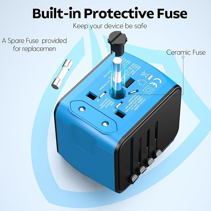JMFONE Universal Travel Adapter, 4 USB C/A Ports & 2500W AC Outlets, All-in-One International Power Plug Adapter for All USB Devices, Worldwide Travel Charger for Europe US UK AU 200+ Countries (Blue)