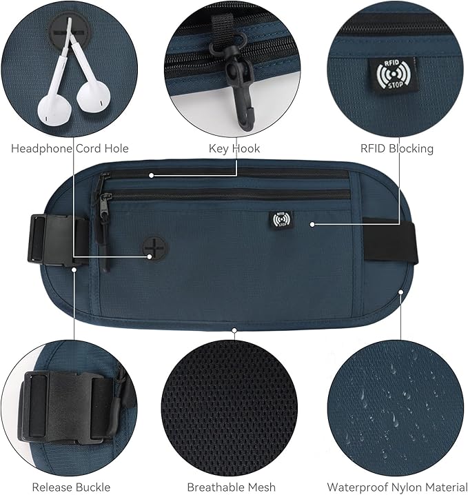 FuninCrea Waterproof Hidden Money Belt for Travel, Anti-Theft Belt Bag with RFID Blocking Function Adjustable Slim Waist Bag with 2 Zipper Pockets and 1 Back Pocket for Men and Women (Style l, Blue)