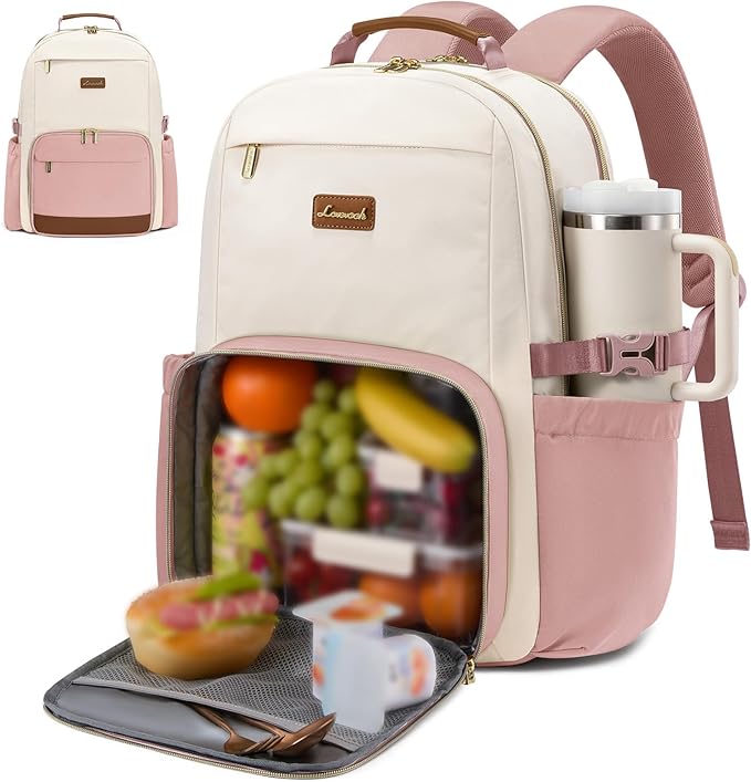 LOVEVOOK Lunch Backpack with Lunch Compartment,17 Inch Laptop Work Travel Insulated Cooler Backpack, Waterproof College Teacher Lunch Bag Box with Tumbler Holder,Gifts for Men Women,Beige-Pink-Brown