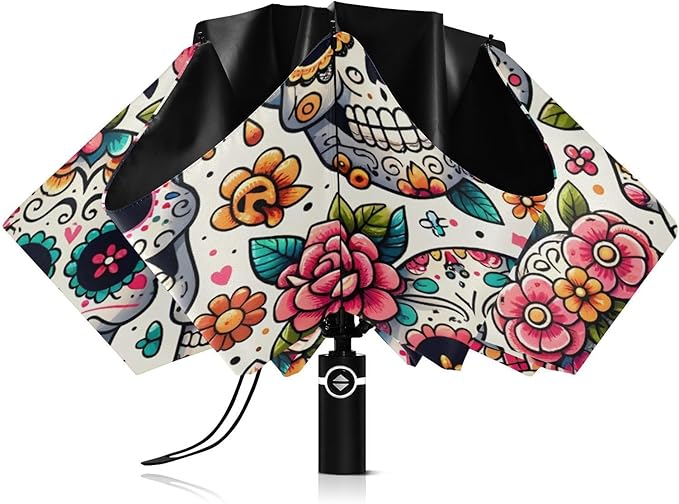 ALAZA Folding Umbrella Sugar Skulls Day Of The Dead Compact Travel Umbrella Automatic Open Close, Inverted Umbrellas for Rain Windproof Sun Umbrellas UV Protection Large Portable Reverse