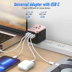 VYLEE Universal Travel Adapter, 5 in 1 International Power Adapter with 3.5A 2xUSB-A & 2xUSB-C Ports, Travel Plug Adapter Worldwide for Europe USA UK AUS Travel Essentials (Rose Gold)
