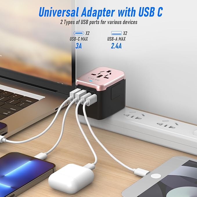 VYLEE Universal Travel Adapter, 5 in 1 International Power Adapter with 3.5A 2xUSB-A & 2xUSB-C Ports, Travel Plug Adapter Worldwide for Europe USA UK AUS Travel Essentials (Rose Gold)