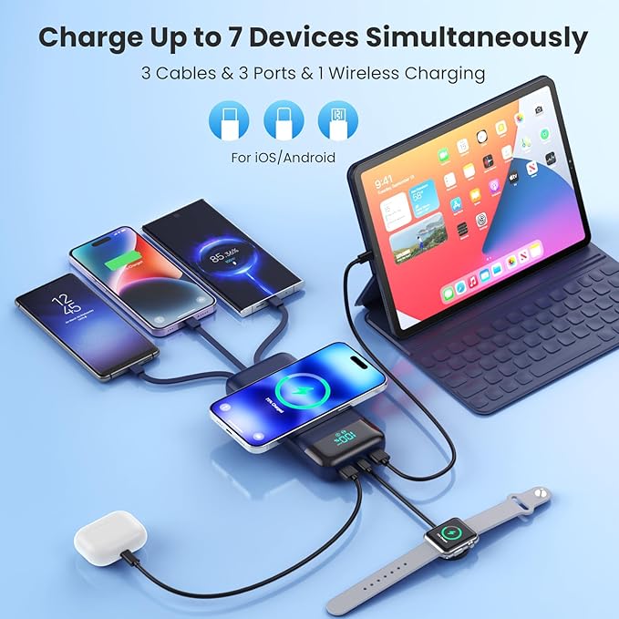 YHO Wireless Portable Charger 40800mAh for iPhone with Built-in Cables,15W Wireless Charging USB C Power Bank,25W PD Fast Charging Travel Essential Battery Pack for iPhone 17/16/15/14-Dark Blue