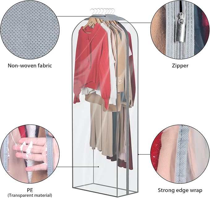 Zilink Breathable Fur Coat Storage Bags 60" Dress Bags for Gowns Long Mink Coat Storage Bag for Hanging Clothes with 10" Gussted Wrinkle Free for Leather Jacket Fur Puffy Dress, Set of 4