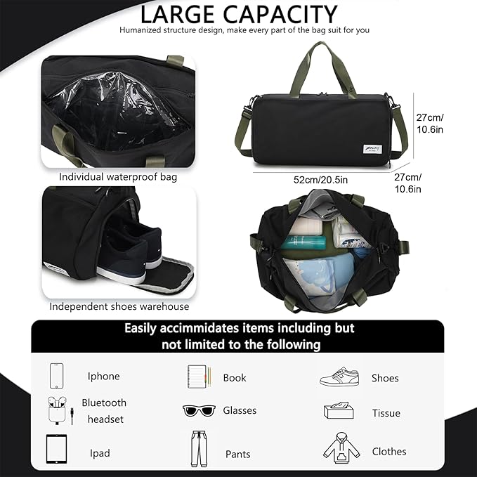 Gym Bags for Men with Side Pocket, 38L Sports Gym Duffle Bag with Wet Pocket&Shoe Compartment, Large Waterproof Sport Duffel Bags for Travel, Sports, Fitness&Workout(Black/Green)