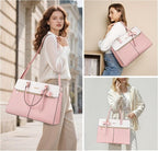 MOSISO Laptop Tote Bag for Women, 15.6 inch Waterproof PU Leather Work Bag with Clutch Purse & Bowknot, Large Capacity Handbag Shoulder Computer Bags Work Briefcase for Business Teacher Office, Pink