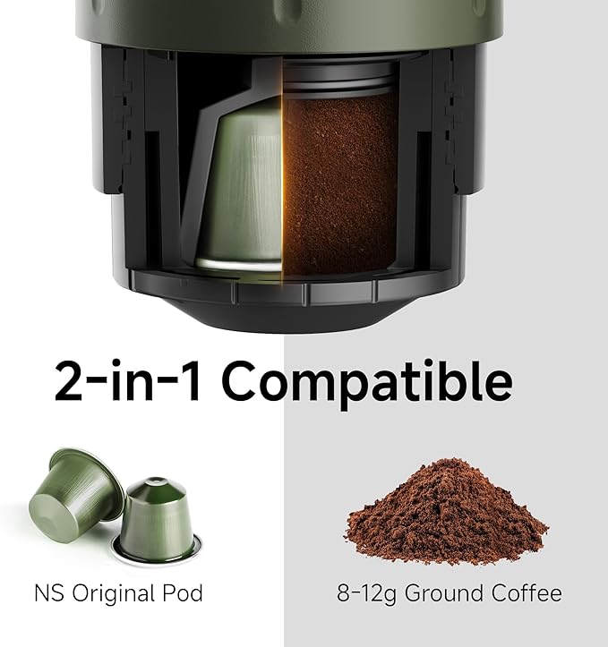 HIBREW H4C Classic - Portable Electric Espresso Machine, USB-C Rechargeable Coffee Maker with Removable Battery, Compatible with Ground Coffee & NS Capsules, Travel & Home(Green)