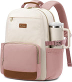 LOVEVOOK Laptop Backpack for Women with Pouch Pocket for Large Capacity Cup,18 Inch Teacher Nurse College Work Backpack Purse,Waterproof Laptop Bag Computer Back Pack for Travel, Beige-Pink-Brown