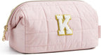 BAGSMART Birthday Gifts Personalized Initial Makeup Bag, Trendy Stuff Gifts for Women Bridesmaid Graduation, Puffy Padded Make Up Bags for Women, Wide-open Toiletry Bag, Pink K