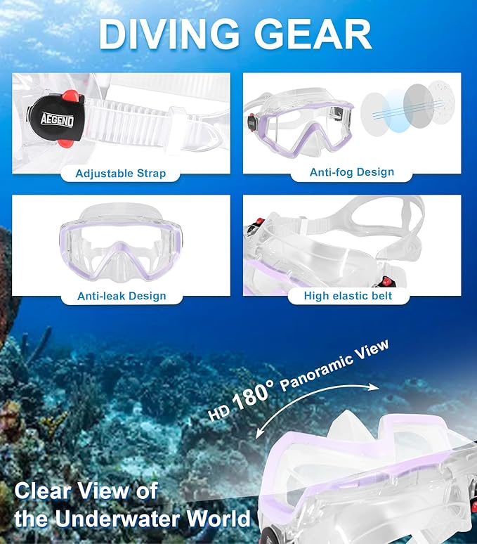 Aegend Snorkeling Gear for Adults Youth Kids, Snorkel Mask with Top Dry Valve - Panoramic View Anti-Leak and Anti-Fog with Mesh Bag for Snorkeling, Scuba Diving, Freediving & Swimming