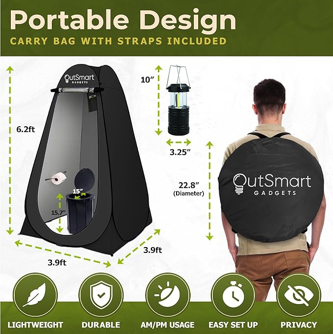 Outsmart Gadgets Outdoor Portable Toilet Set for Adults with Camping Night Lantern, Folding XL Toilet, Pop Up Privacy Tent and Carry Bags, Multipurpose Potty, Washable and Foldable for RV Travel