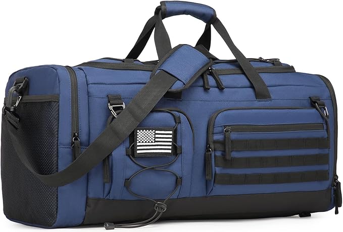 Gym Bag for Men and Women, 50L Extra Large Duffle Bag, 3-in-1 Travel Sports Duffel Bags with Shoe & Laptop Compartment for Overnight Weekender Gym Traveling Workout Deployment, Black+ Blue