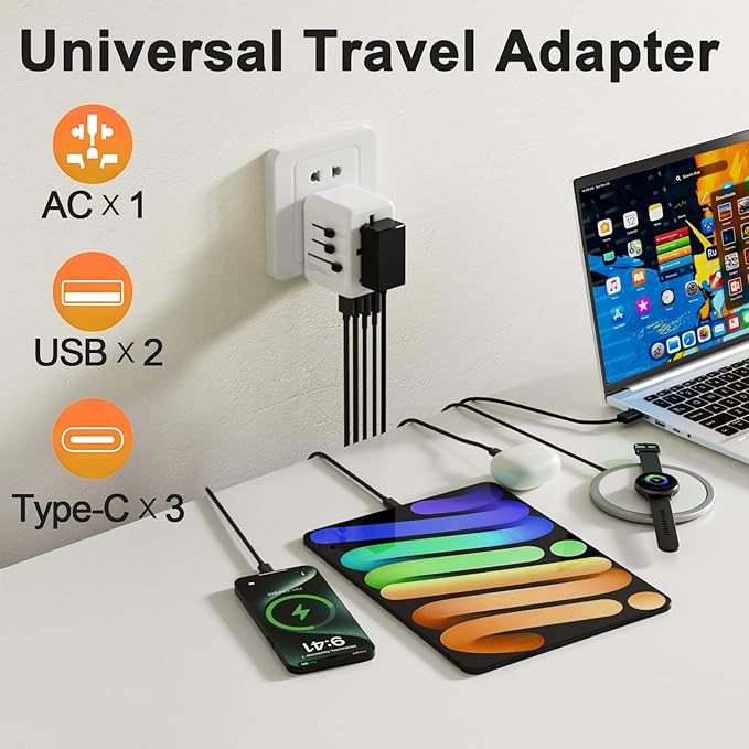 oviitech 35W Universal Travel Adapter with 5 USB Ports, International Wall Charger for for US to European EU UK AUS Worldwide Use(Type C/G/A/I) White - UL Certified.