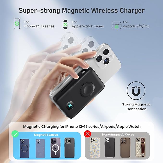 Magnetic Portable Charger for MagSafe with Built-in Cable, iWatch Charger,10800mAh Wireless Power Bank Travel Essentials,25W PD Fast Charging Battery Pack for iPhone 17/16/15/14/13 Series,Apple Watch