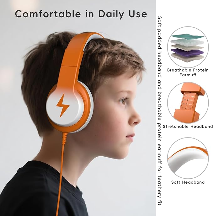 Candy Bila Kids Headphones, Wired Headphones for Kids Over Ear with Microphone, 85/94dB Volume Limiter Headphone for Girls Boys, Foldable Headphone for Learning & Entertainment, White and Orange