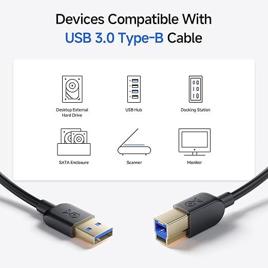 Cable Matters 5Gbps USB 3.0 Cable - 3ft, Short USB A to B Cable, USB3 Cord with Type-B 3.0 Connector for Hard Drive Enclosure/Built-in Hub and More, Black