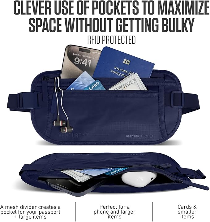 VENTURE 4TH Money Belt for Travel – Slim Hidden Under-Clothes RFID Blocking Anti-Theft Passport Holder & Travel Wallet Pouch for Men & Women to Protect Cash, Cards & Documents (Sleek Navy Blue)