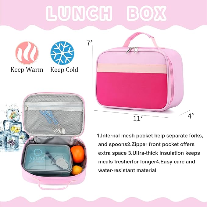 Backpack Set for Girls Boy Kids Backpack with Lunch Box for Elementary Primary Kindergarten School Bag (Purple Pink Set, Large)