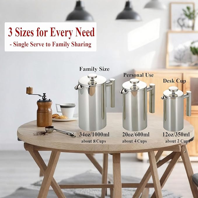 French Press Coffee Maker, 34 Oz Stainless Steel, Triple Mesh Filter, Double Wall Insulated, for Coffee & Tea, Portable for Home, Office, Camping & Travel