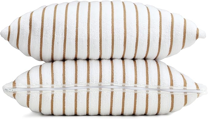 Black & White Brands Brazilian Beach/Pool Towel Pillow Case 17.7"x17.7" - Ultimate Absorbent Luxury 100% Cotton Wave (2 Pillow Cases, Tan Poly Pinstripe)