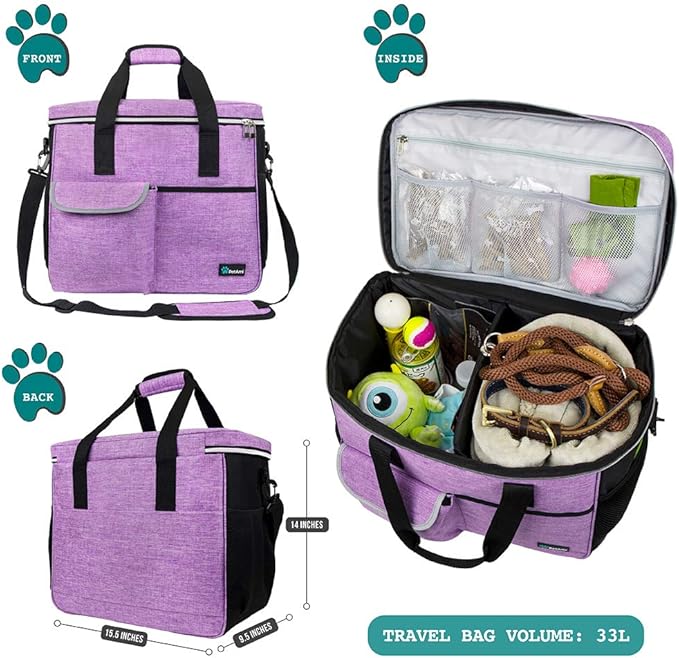 PetAmi Dog Travel Bag, Travel Pet Bag Organizer, Dog Food Travel Bag with Container Collapsible Bowls, Pet Travel Supplies Gift Accessories for Weekend Camping, Puppy Cat Diaper Bag, Purple Large