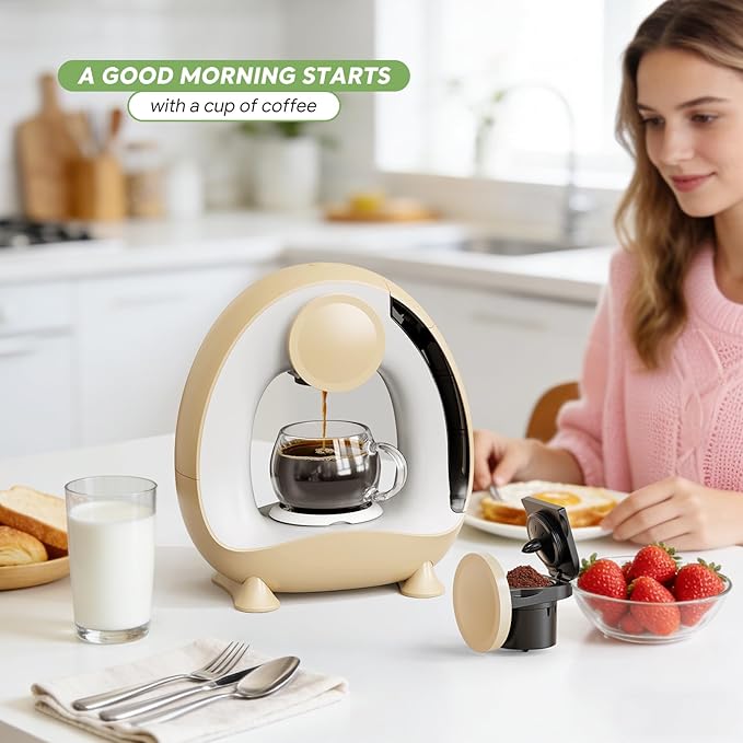 Pod and Grounds Single-Serve Coffee Maker, 2 in 1 One Cup Coffee Machine Compatible with K-Cup Pod & Coffee Grounds/Tea, Compact Design, 4-8oz, Champagne Color