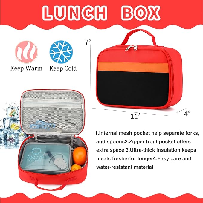 Backpack Set for Girls Boy Kids Backpack with Lunch Box for Elementary Primary Kindergarten School Bag (Red Black Set, Large)