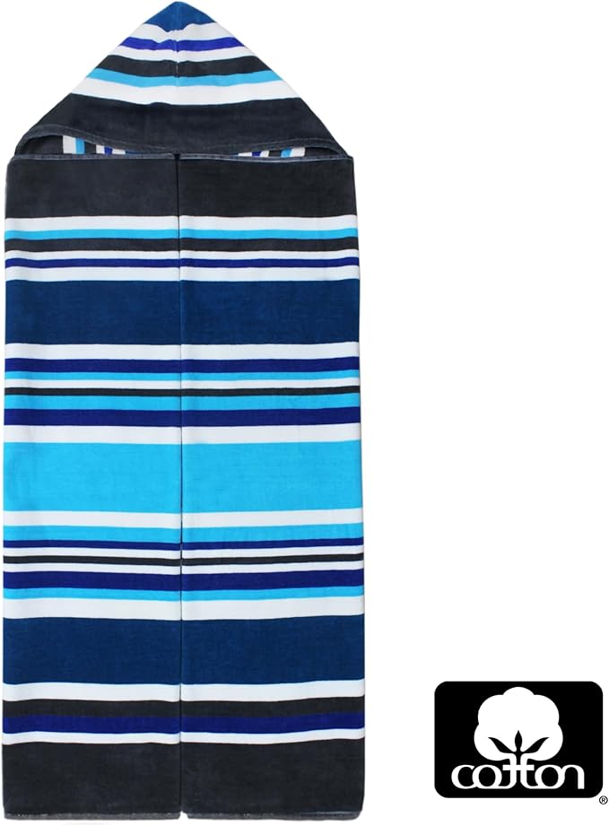 COTTON CRAFT Hooded Beach Towel – Oversized 39 x 68 Towel with Hood for Adults - 100% Ringspun Cotton Velour Terry Towel Stripe Bath Wrap - Super Soft Plush Absorbent Quick Dry – 450 GSM – Cancun Blue
