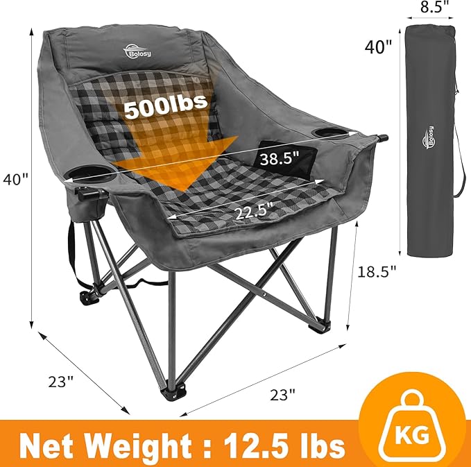 Bolosy 2 Pack Oversized Camping Chairs for Adults Heavy Duty Padded Portable Lawn Chairs Outdoor Folding Chairs XL Camp Chairs with Cup Holder Suproot 500 lbs, Gray Plaid