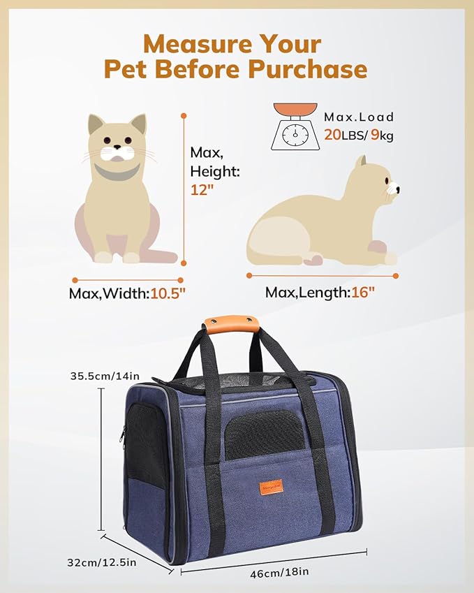 Morpilot Pet Travel Carrier Bag, Soft-Sided Dog Carrier Cat Carrier Pet Carrier, for Large Cats and Medium Puppies up to 25lbs, with Locking Safety Zippers, Foldable Bowl (Dark Blue)