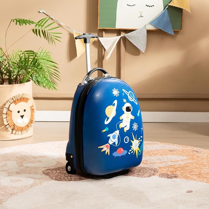 Goplus Kids Luggage, 16’’ Carry On Suitcase with Wheels, Waterproof Hard Shell, Lightweight Rolling Luggage for Travel, Birthday Gifts for Toddlers, Children, Boys, Girls (Blue-Astronaut)