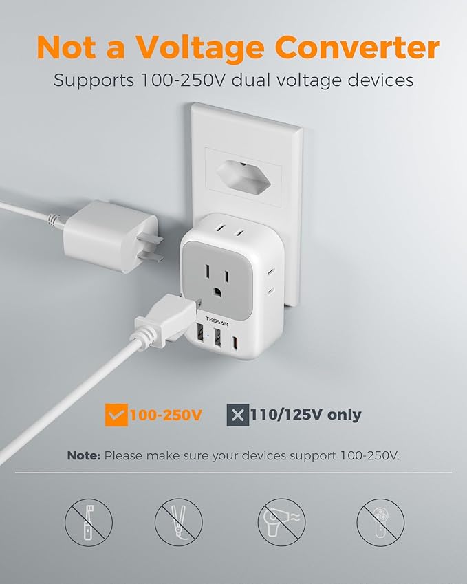 TESSAN Brazil Plug Adapter 2 Pack, 7 in 1 US to Brazil Power Adapter with 3 USB Ports (1 USB-C PD 20W Port) 4 American Outlets, Type N Travel Adaptor for USA to Brazilian