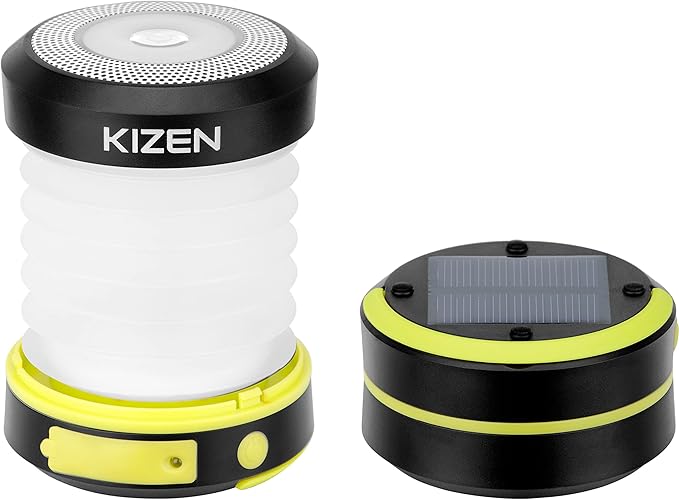 Kizen Outdoor Solar Lantern - Solar or Plug Rechargeable Lantern - Collapsible LED Light for Power Outages - Camping Essential Lamp for Tent Light, Hanging, or Flashlight - Yellow