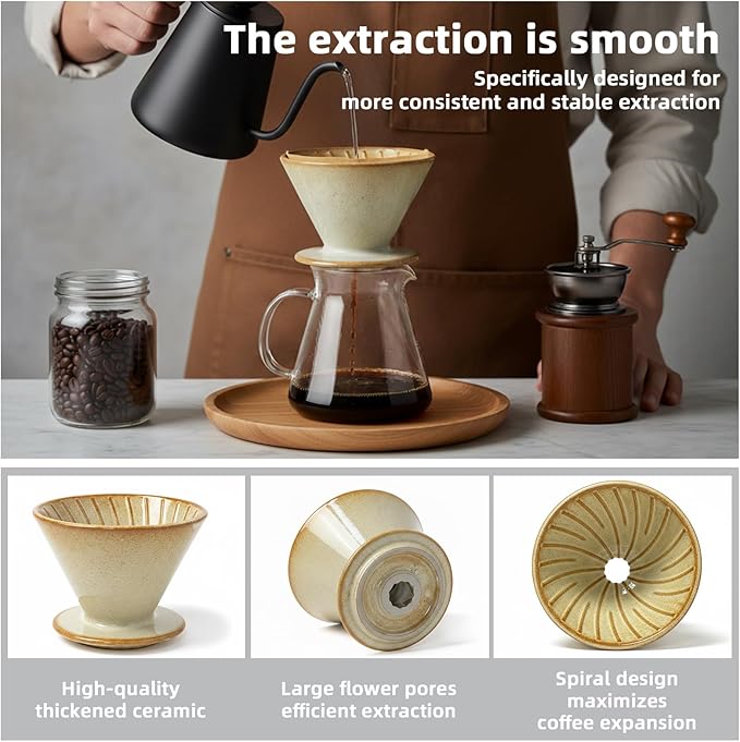 DIF DECO Ceramic Pour Over Coffee Dripper, Reusable Porcelain Portable Pour Over Coffee Maker, Slow Brewing Accessories with 1 Holes for Home, Office, Travel, Camping (Yellow)