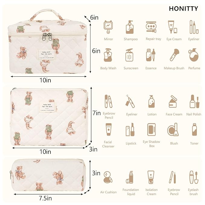 honitty Makeup Bag,Quilted Cosmetic Bag,Large Floral Make Up Bag for Women,Cotton Makeup Bag Set,Flower Travel Toiletry Bag