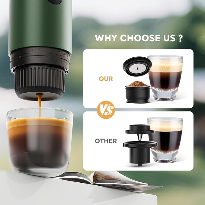 Portable Electric Espresso Machine, Travel Coffee Maker for Camping, Car Coffee Maker Self-Heating with USB-C, 20 Bar Coffee Maker With Ground Coffee & NS Capsule for RV, Hiking, Office(Green)