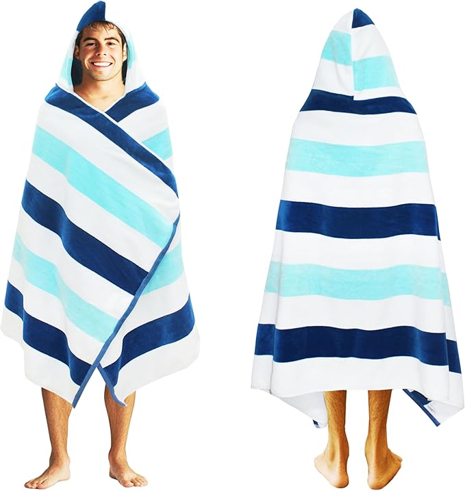 COTTON CRAFT Hooded Beach Towel – Oversized 35 x 70 Towel with Hood for Adults - 100% Cotton Velour Terry Towel - Pool Bath Wrap - Super Soft Plush Absorbent Quick Dry – 630 GSM – Cabana Stripe Blue