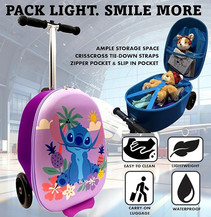 Disney Stitch 2-in-1 Kids Scooter Suitcase & Ride-On Carry-On Luggage Lightweight Travel Case with Built-in Kick Scooter