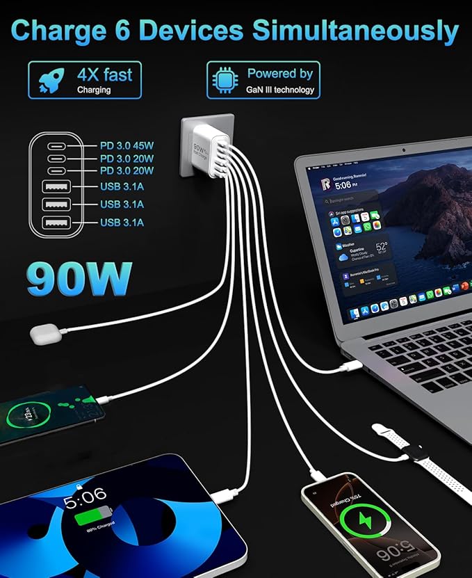 90W GaN USB C Charger Block,6-Port USB C Wall Charger Fast Charging 45W PD Power Adapter for iPhone 17Pro Max/Samsung Galaxy S24 Ultra/Tabs/MacBook Air/iPad Pro for Home Travel