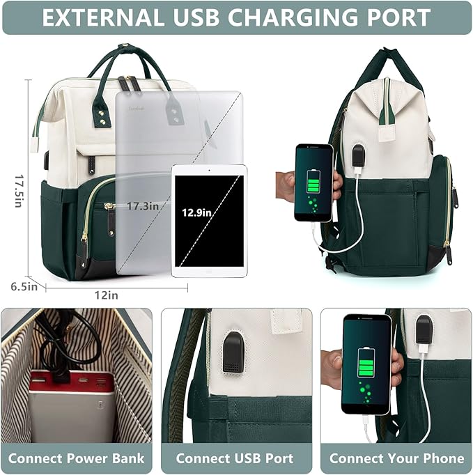 Laptop Backpack for Womem Work Bags: 17.3 Inch Travel BackPacks With USB Charging Port Anti Theft Fashion College BookBag Durable Daypack Purse Bussiness Back Pack for Nurse Teacher Green Beige