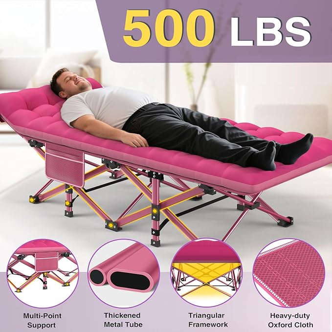 ZENPETIO Camping Cot for Adults - Heavy-Duty Cot Bed with Mattress, Portable Sleeping Cots for Outdoor Indoor, 1200D Oxford Folding Cots for Home Travel, Max Load 500LBS, Pink28in