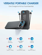 Portable Charger, 12000mAh 22.5W Fast Charging Power Bank with Built-in Cables & Wall Plug, USB C External Battery Pack with LED Display, Travel Essential Charging Bank for iPhone, iPad, Samsung Black