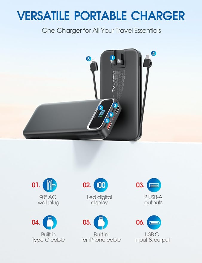 Portable Charger, 12000mAh 22.5W Fast Charging Power Bank with Built-in Cables & Wall Plug, USB C External Battery Pack with LED Display, Travel Essential Charging Bank for iPhone, iPad, Samsung Black