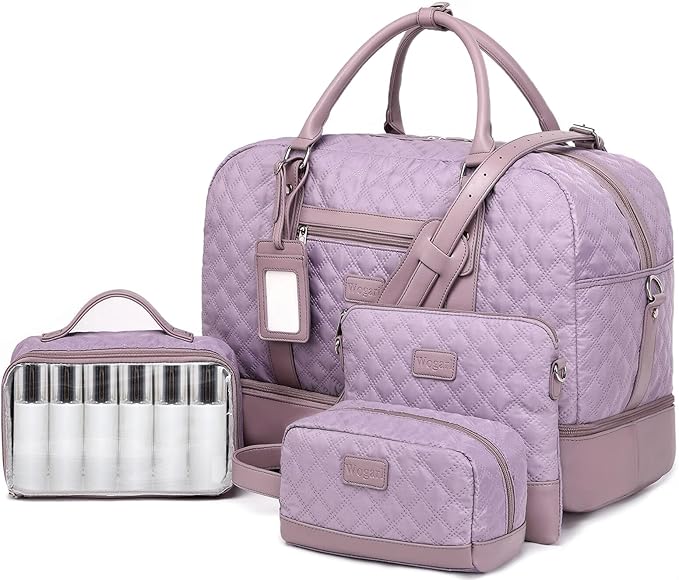 Wogarl 4PCS Weekender Bags for Women Large Overnight Weekend Travel Duffel Carry on Shoulder with Shoe Compartment Canvas Toiletry Bag for Travel Business Gym