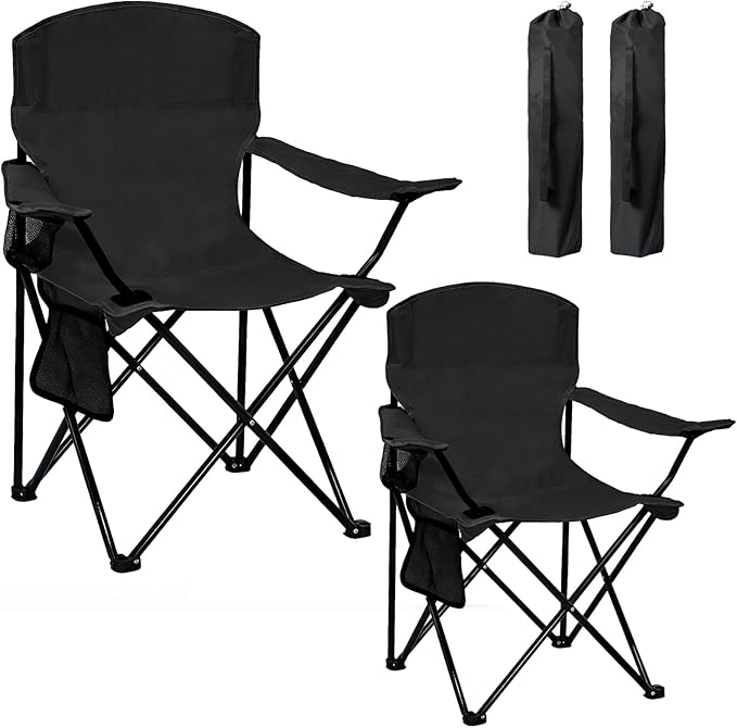 Camping Chair 2 Pack Portable Folding Chair, Supports 300lbs, Lightweight Stable Outdoor Chair for Camping Hiking Fishing Beach Travel Picnic, Compact Collapsible Camping Seat, Classic Black