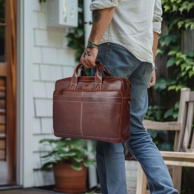 LEATHER VILLAGE 18" Leather Laptop Messenger Briefcase Bag for Men-Leather Satchel for Travel and Office Shoulder Bag-Red Brown