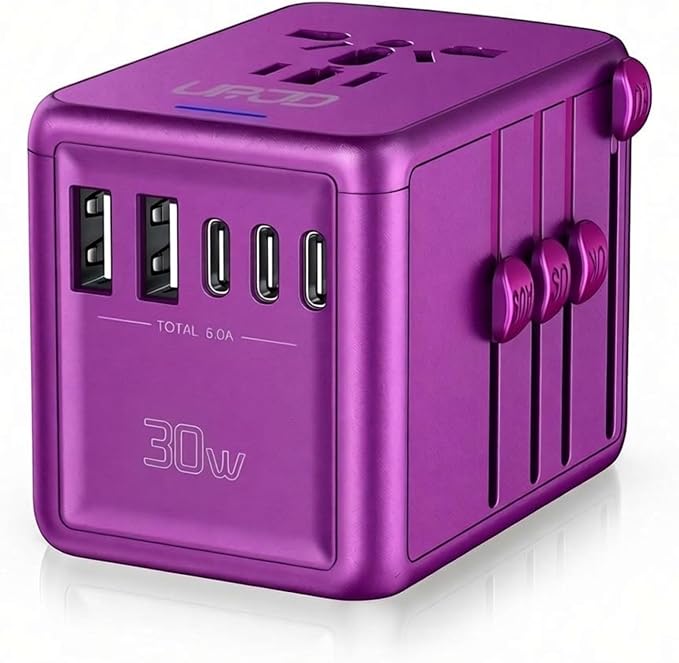 Universal Travel Adapter with 3 USB-C + 2 USB-A Ports 30W Fast Charging, 2500W AC Outlet, International Power Adapter for Europe UK Japan, Travel Charger for Phones Laptop 200+ Countries (Purple)