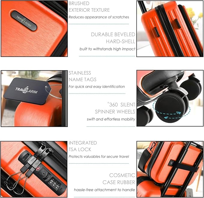 22 Inch Carry On Luggage 22x14x9 Airline Approved, Carry On Suitcase with Wheels, Hard-shell Carry-on Luggage, Orange Small Suitcase, Hardside Luggage Carry On with Cosmetic Carry On Bag